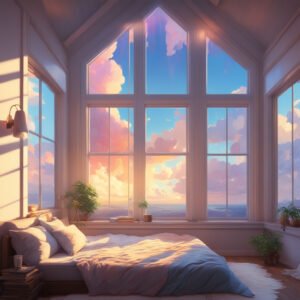 A cozy king sized mattress in a cozy room with a big window looking out at a beautiful sky