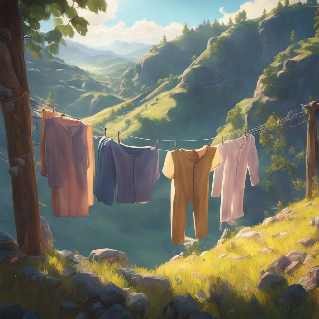 pajamas hanging on a clothes line on a beautiful hillside