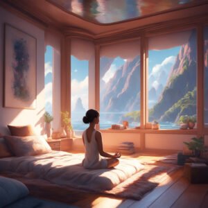 woman meditating in cozy bedroom