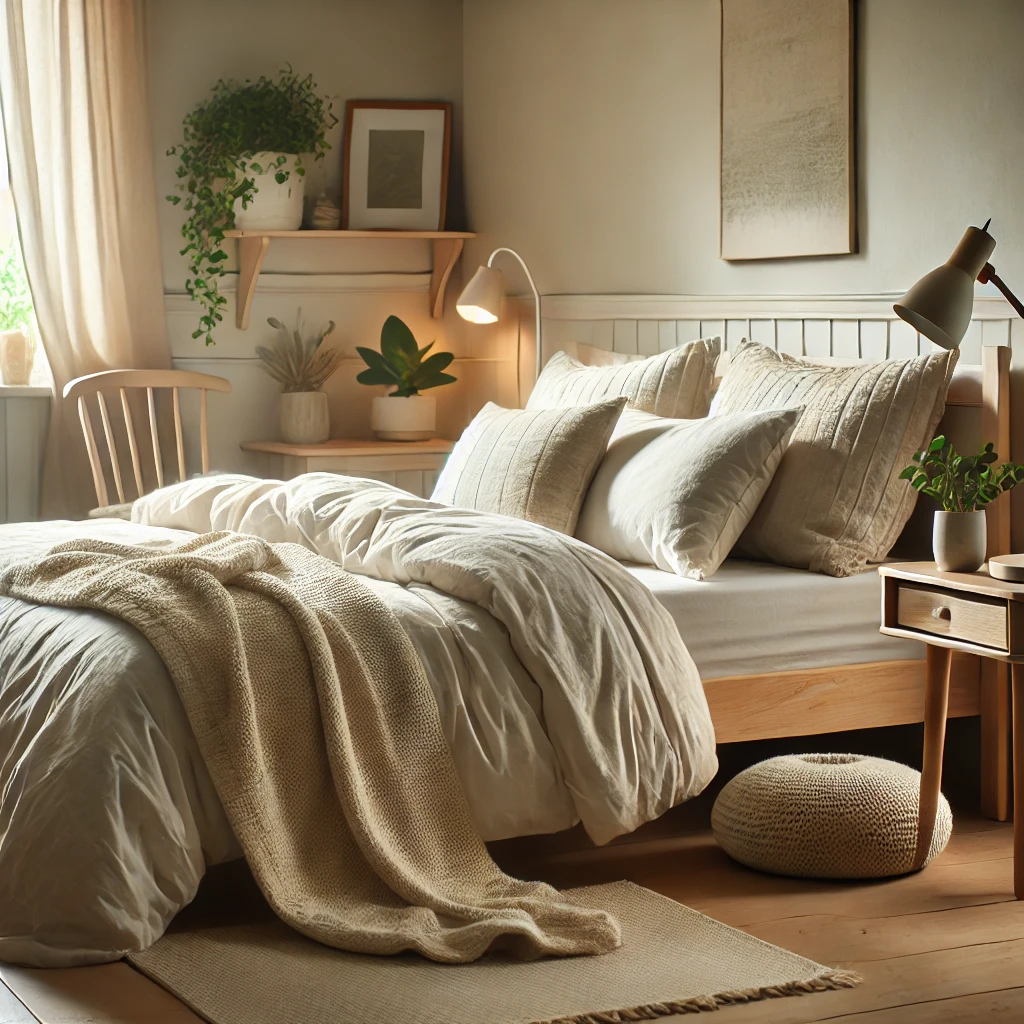 Cozy bedroom with organic cotton sheets, natural latex pillows, and a sustainable wood bedside table in a serene, non-toxic environment