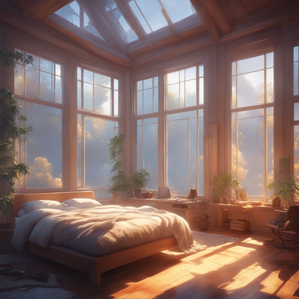 bright cozy misty bedroom huge windows