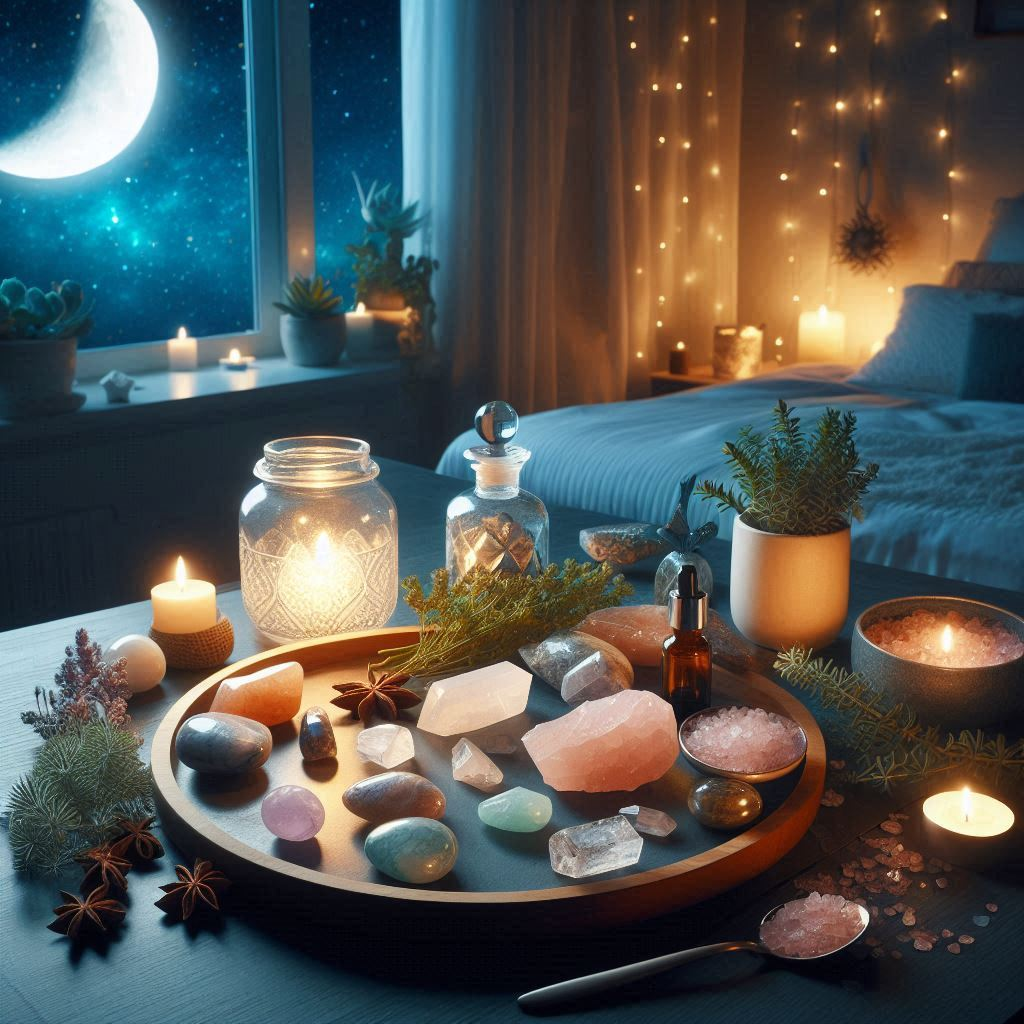 healing crystals in a cozy bedroom